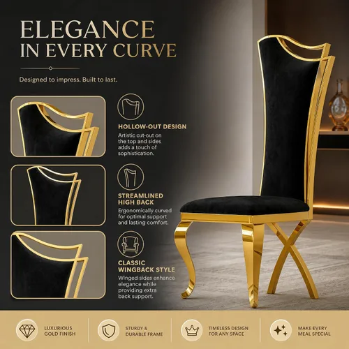 Miniatura 8 de BQueen Sillas de comedor negras y doradas, Sillas de comedor de lujo, Sillas de comedor Velevt con respaldo alto, Patas de acero inoxidable de oro