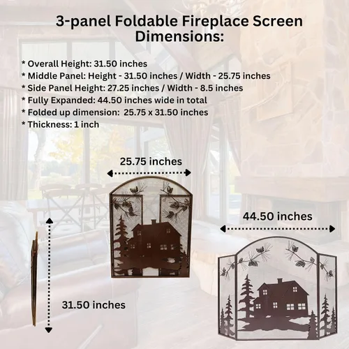 Miniatura 3 de BestGiftEver Pantalla decorativa para chimenea de 3 paneles con diseño de cono de pino de cabaña de casa, cubierta de chimenea, pantalla de malla
