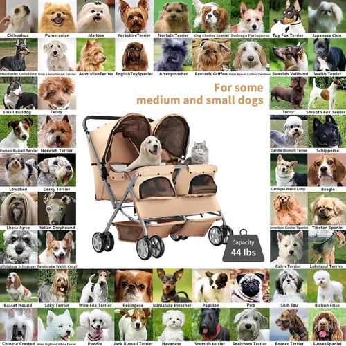 Miniatura 7 de Cochecito doble para mascotas, cochecito plegable para 2 perros y gatos, porta mascotas de dos plazas, para paseos y viajes, con almacenamiento