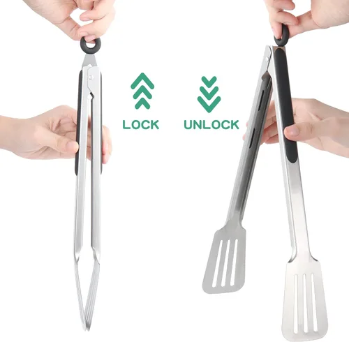 Miniatura 7 de Pinzas de metal para cocinar, juego de 2 pinzas de espátula de acero inoxidable para asar a la parrilla, cocinar y voltear, agarre fuerte