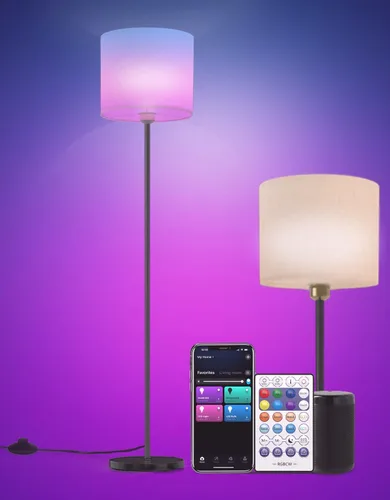 YHW Lámpara de pie para sala de estar compatible con Alexa y Google, pantalla de lino blanco LED lámpara de pie alta y brillante lámpara de pie Beige