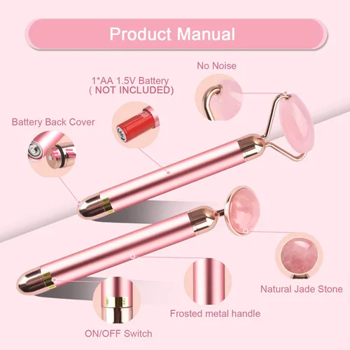 Miniatura 3 de Rodillo masajeador facial de jade vibratorio 2 en 1, rodillo facial eléctrico de cuarzo rosa para presionar el aceite de crema para la piel