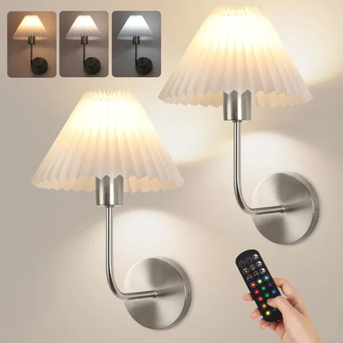 Miniatura 11 de Juego de 2 apliques de pared inalámbricos, pantallas plisadas recargables que funcionan con batería, luces de pared retro de cuello de ganso Dorado