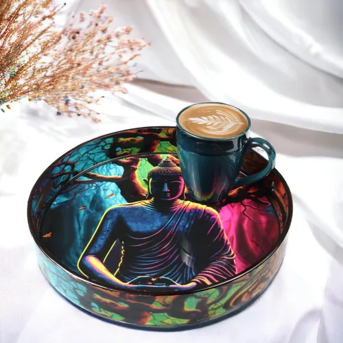 Miniatura 7 de Crocon Bandeja redonda decorativa para mesa de café, desayuno, bandeja otomana impresa con buda, portavelas, centros de mesa multiusos para comedor