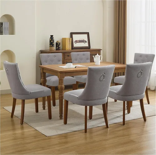 Miniatura 16 de Juego de 4 sillas de comedor tapizadas copetudas, sillas laterales de tela para comedor con cabeza de clavo en la parte trasera y patas de madera