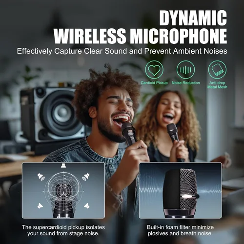Miniatura 2 de Micrófonos inalámbricos - Micrófono de karaoke para cantar - Micrófono inalámbrico recargable con receptor de doble canal - Rango de 240 pies