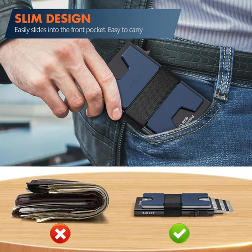 Miniatura 31 de AUTLEY Portatarjetas delgado, billetera minimalista desplegable para hombres, con bloqueo RFID y banda para efectivo (negro)