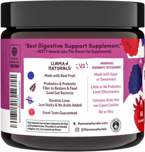 Miniatura 5 de Llama Naturals Probióticos para mujeres y hombres con fibra prebiótica, veganas, orgánicas, gomitas probióticas para apoyo a la salud intestinal