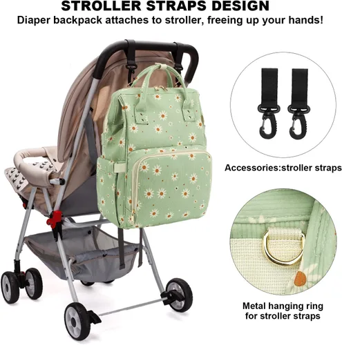 Miniatura 6 de Mochila de ante para pañales para bebés, niñas y niños, mujeres, grandes bolsas de pañales para mamá (Daisy de ante verde)