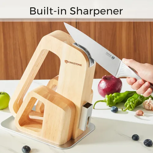 Miniatura 7 de Juego de cuchillos de cocina KINGSTONE con bloque, juego de 14 piezas de acero inoxidable alemán con afilador integrado, juego de bloque de Natural