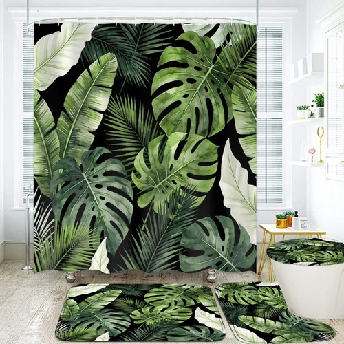 LQCOOL 4Pcs Black Green Shower Curtain Set, Modern Minimalist Bathroom Sets, Abstract Botanical Bathroom Sets with Shower Curtain and Rugs, Tropical