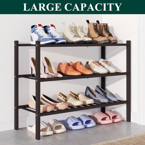 Miniatura 5 de Smiry Zapatero de bambú para armario, organizador de zapatos de madera de 3 niveles, estante apilable de almacenamiento de zapatos de madera