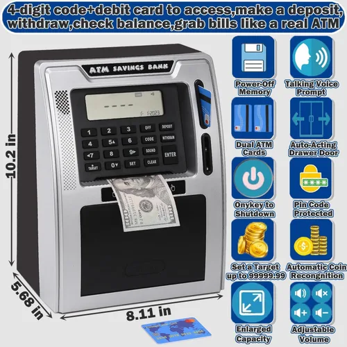 Miniatura 4 de Fishboy Caja de ahorros parlante estilo cajero automático para niños con dos tarjetas de débito, memoria de apagado, cajón de apertura automática