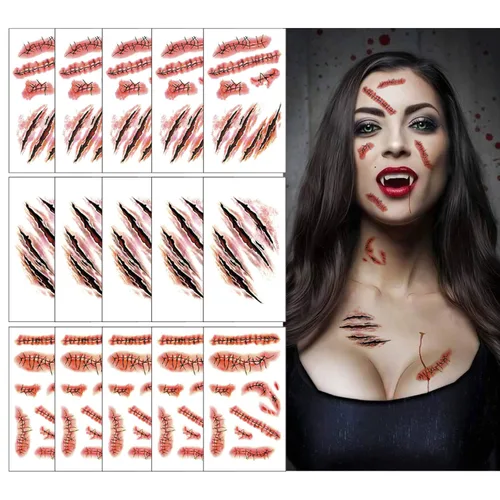 Falso sangriento herida, horror realista punto cicatriz Scab, impermeable tatuajes temporales adhesivo para Halloween Masquerade, broma maquillaje