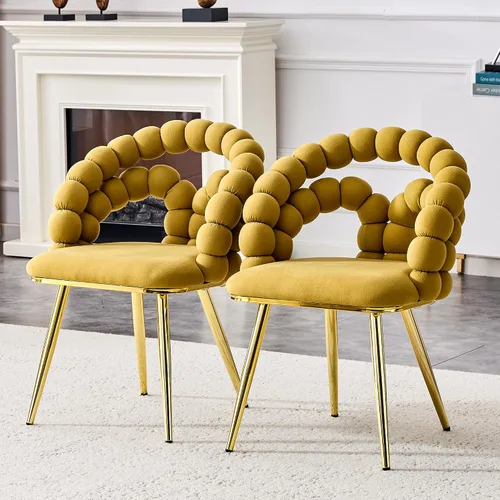 Miniatura 3 de Juego de 2 sillas de comedor de terciopelo, sillas decorativas tapizadas amarillas, sillas de barril con patas doradas para comedor, maquillaje