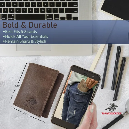 Miniatura 3 de Winchester Trifold Carteras para hombres de cuero genuino grano completo, delgado minimalista cartera RFID ranura para tarjeta con ventana
