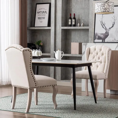 Miniatura 3 de Parsons - Juego de 2 sillas de comedor de madera maciza, sillas de cocina laterales de lino con respaldo copetudo para comedor, sala de estar