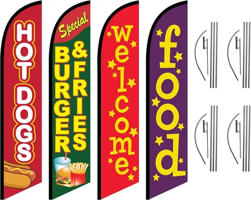 Hot Dogs - Kit de bandera de plumas de bienvenida, hamburguesas y papas fritas, 4 banderines con postes de bandera y estacas de tierra, ideal para