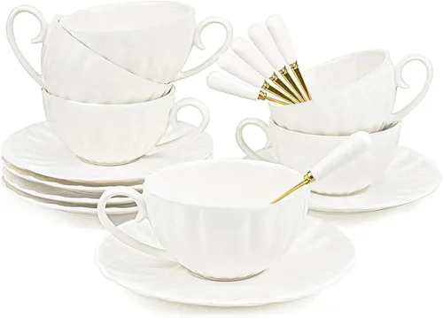 Yesland Juego de 6 tazas y platillos de té real, juego de té de porcelana blanca de 6 onzas y tazas de café británicas, tazas de café con leche