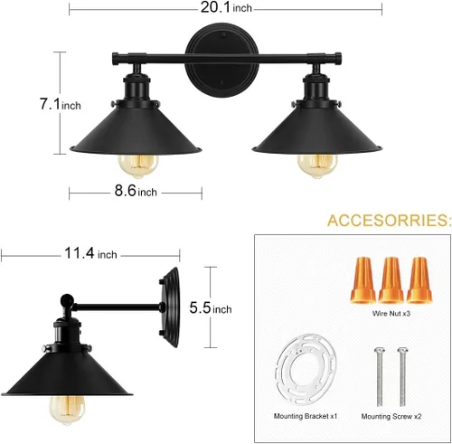 Miniatura 7 de Lámpara de baño negra con 2 luces de color negro mate para tocador de baño, aplique de pared industrial rústico de 20 pulgadas, accesorios