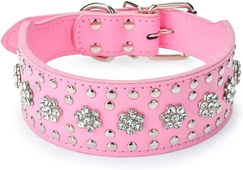 Miniatura 12 de Collares de perro con diamantes de imitación, diseño de flores, de piel sintética con tachuelas y diamantes de cristal brillantes, deslumbrante, Rojo