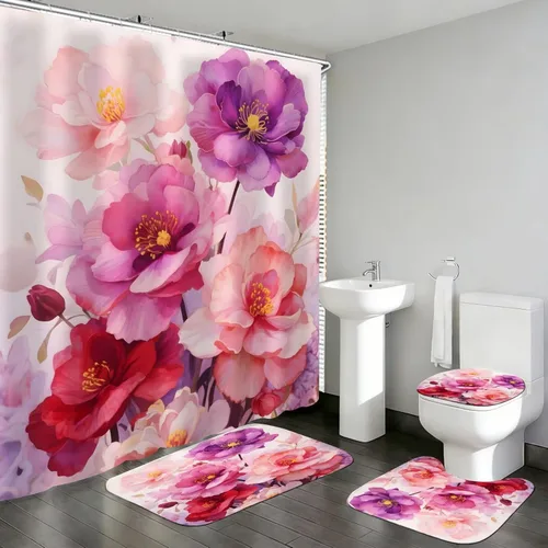 Miniatura 9 de DDQQ Juego de cortinas de ducha florales azules y blancas con flores dulces pintadas con alfombras, juego de cortina de ducha de baño de primavera