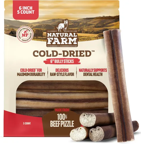 Natural Farm Cold-Dried™ Bully Sticks de 6 pulgadas (5 unidades) - Masticables para perros sin olor, con alto contenido de proteínas, 100% carne de