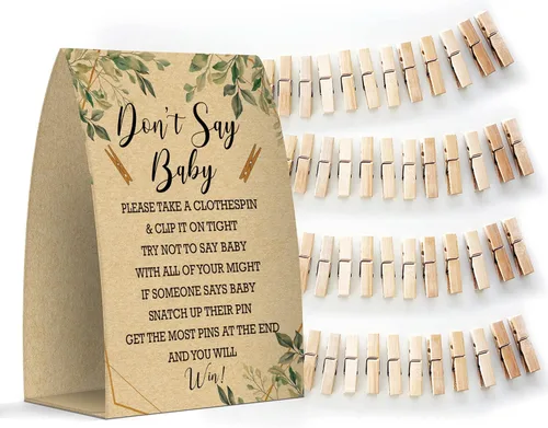 Miniatura 16 de Juego de texto en inglés "Don't Say Baby", un letrero de 5 x 7 pulgadas y 50 mini pinzas para la ropa, juegos de baby shower, decoración de baby