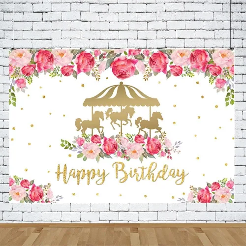 Miniatura 5 de AIBIIN Telón de fondo dorado de 7 x 5 pies con temática de carrusel de feliz cumpleaños para niña, flores rojas y rosadas, decoración de fiesta