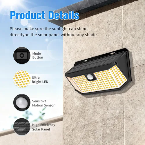Miniatura 5 de Aootek Luces solares para exteriores, 182 LED, 2500 lúmenes, luz solar con sensor de movimiento, IP65, impermeable, gran angular, para patio