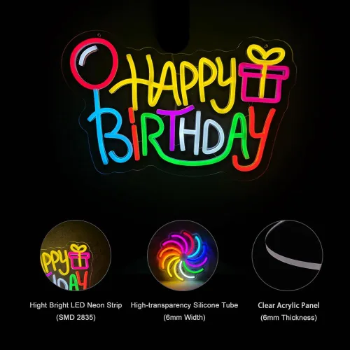 Miniatura 5 de Letrero de neón de feliz cumpleaños, luces LED alimentadas por USB, decoración de pared para fiesta de cumpleaños con bonito diseño, fácil