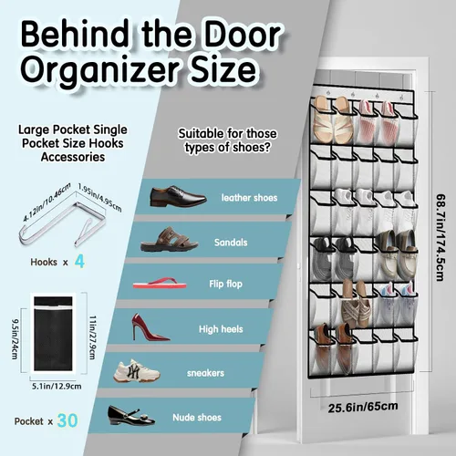 Miniatura 3 de Kotkn Organizador de zapatos sobre la puerta con 30 bolsillos de malla transpirable - Almacenamiento de armario de gran capacidad para hombres