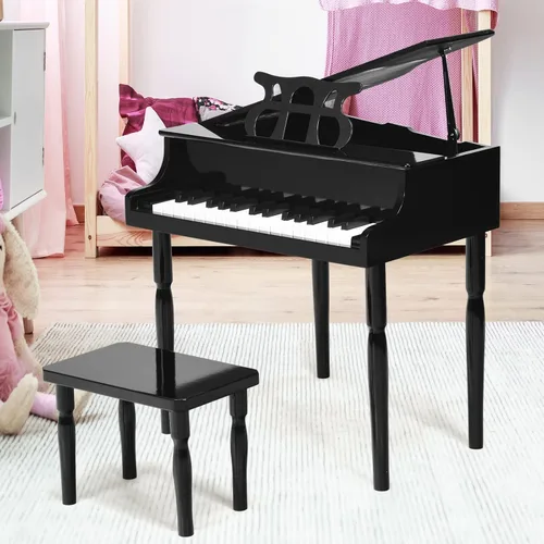 Miniatura 9 de Goplus 30 teclas piano clásico para niños, mini piano de madera estilo grand para aprender a tocar con banco, tapa para piano, estante para música