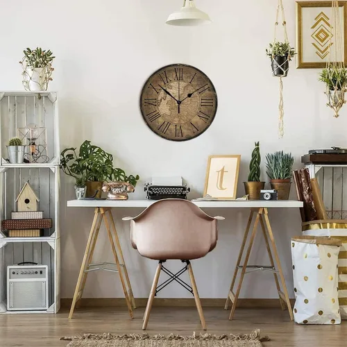 Miniatura 6 de Reloj de pared de madera de estilo vintage, mapa del mundo antiguo con números grandes, reloj de pared redondo preciso, estilo antiguo