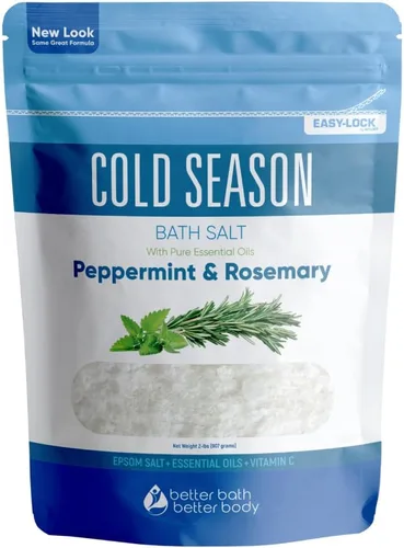 Sal de baño para estación fría, 32 onzas, sal de Epsom con aceites esenciales naturales de romero, menta, eucalipto y limón, además de vitamina C en