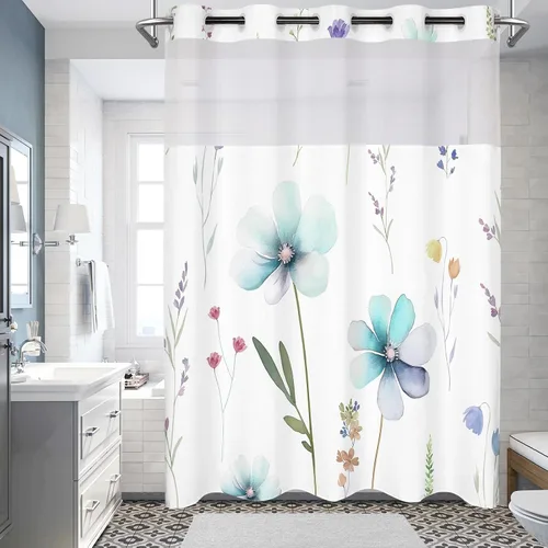 Miniatura 8 de Juego de cortina de ducha sin gancho con forro a presión, diseño floral moderno para baño, tela sin anillo, cortinas de flores impresas en acuarela