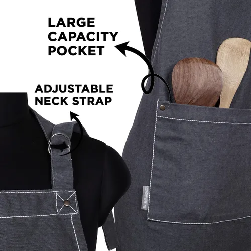 Miniatura 2 de AMOUR INFINI Delantales de algodón sólido para mujer con bolsillo, correa ajustable y lazos en la cintura, delantales de chef lavados para cocinar