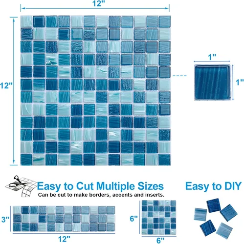 Miniatura 2 de LSDECO 5 hojas de azulejos de mosaico de vidrio, azulejos de piscina, azulejos de cocina de 12 x 12 pulgadas, azulejos de vidrio para pared de baño