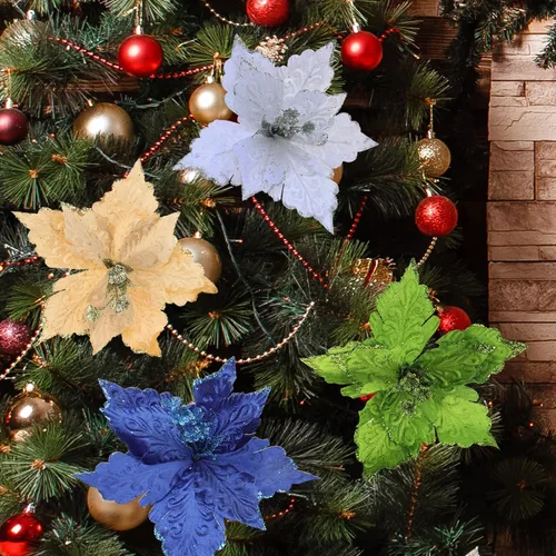 Miniatura 5 de 6 adornos para árbol de Navidad de Pascua con purpurina, flores artificiales de Navidad, accesorios florales con tallo, flores de franela sintética
