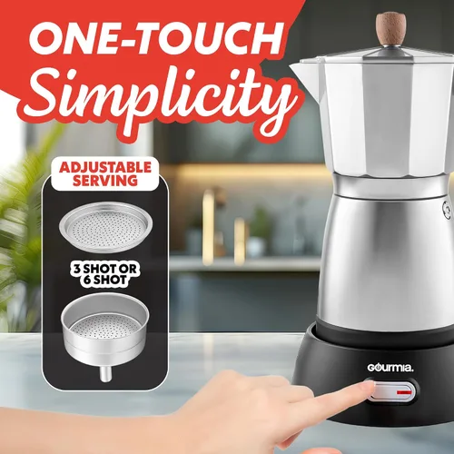 Miniatura 3 de Gourmia Cafetera eléctrica Moka Pot Espresso – Cafetera de estilo italiano de 6 disparos, base inalámbrica desmontable de 360 ° de 550 W, aluminio