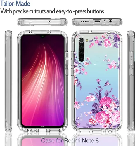 Miniatura 5 de Funda para Redmi Note 8 (2019/2021) M1908C3JH con protector de pantalla de vidrio templado, cuerpo completo transparente floral TPU Slim Funda