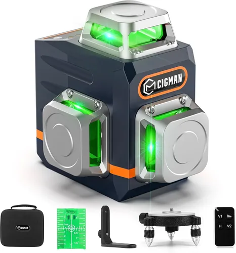 CIGMAN Nivel Láser Autonivelante 3x360° 3D Línea Cruzada Verde para Construcción y Colgar Cuadros, Batería Recargable, Control Remoto, Soporte