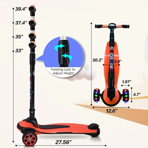 Miniatura 4 de Patinete de 3 ruedas para niños y adolescentes de 6 a 18 años, cubierta extra ancha, 4 alturas ajustables y manubrio plegable, LED intermitente, Azul