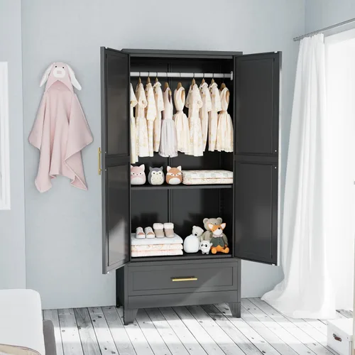 Miniatura 11 de PAOFIN Armario de metal negro de 71 pulgadas, armario de almacenamiento de ropa para dormitorio con 2 cajones y barra para colgar, armario