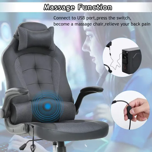 Miniatura 3 de Silla de oficina ergonómica de piel sintética con reposacabezas y reposacabezas para juegos de masaje, silla de oficina de carreras de PC, silla Gris