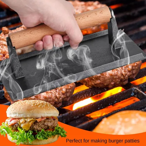 Miniatura 4 de onlyfire Prensa para carne de hierro fundido con mango de madera, ideal para exprimir la grasa de carnes, aplanar tocino, paninis y hamburguesas