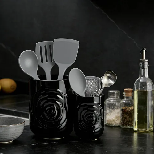 Miniatura 3 de Juego de 2 Portautensilios Grandes, 7.5" + 5.5" - Recipiente de Cerámica con Diseño de Rosas para Utensilios de Cocina de Encimera para Espátulas