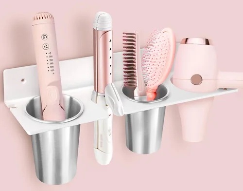 Miniatura 10 de Organizador de herramientas para el cabello, soporte para secador de pelo con copas de acero a prueba de calor, organizador de tocador acrílico