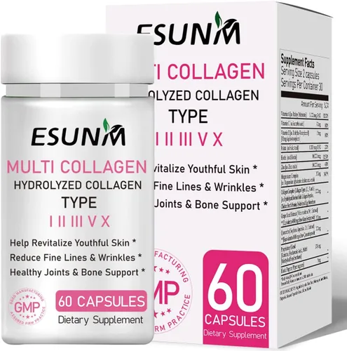 ESUNM Cápsulas de colágeno múltiple para mujeres y hombres, tipo I, II, III, V, X, suplementos de colágeno hidrolizado con biotina, vitamina C para