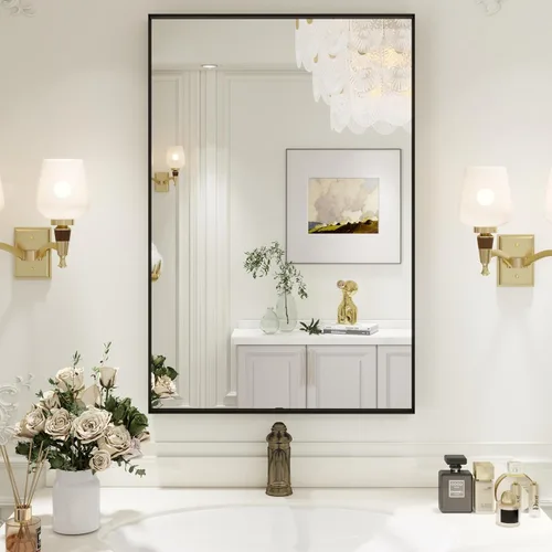 Miniatura 89 de Espejo de baño LED de 60x36 pulgadas con marco negro, espejos de baño retroiluminados y con luz frontal para pared, antiempañamiento, regulable